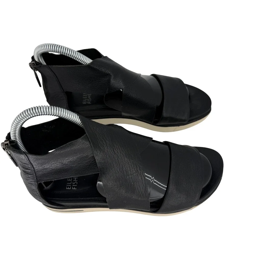 Eileen Fisher Black Leather Platform Sandals Crisscross Minimalist Luxe‎ Women 6